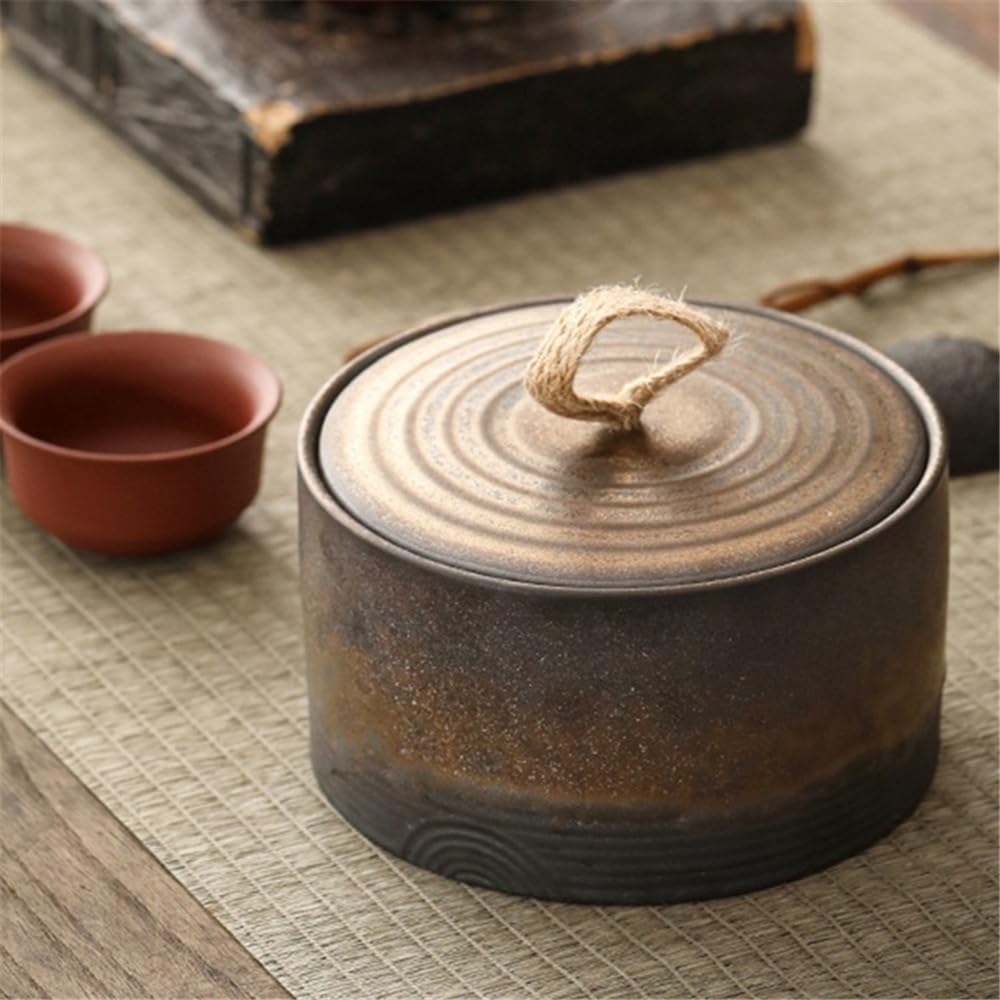 Recipientes de Cocina Recipiente for té de cerámica rústica con Tapa y asa, Vintage, Sellado for el hogar. Almacenamiento de té(Negro)