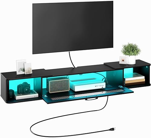 Miniatura 9 de HOOBRO Soporte de TV flotante con toma de corriente de luz LED para televisores de hasta 65 pulgadas, estante de TV montado en la pared, consola