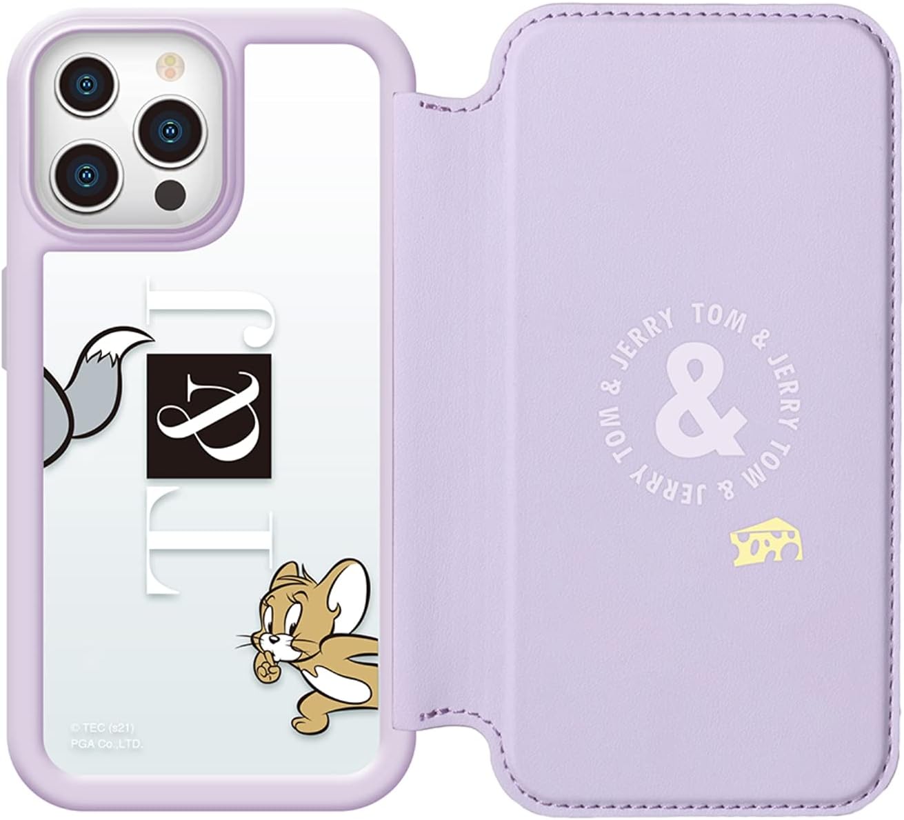 Premium Style PG-WGF21N01TAJ Glass Flip Case for iPhone 13 Pro [Tom and Jerry / Purple]