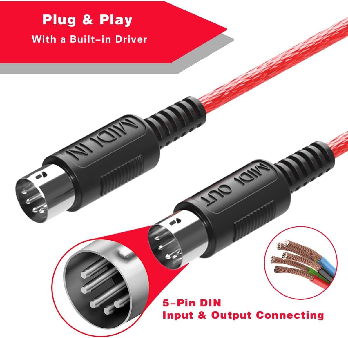 FORE MIDI to USB Interface Compatible with USB Type-A MIDI Cable with Input&Output Work with MIDI Keyboard/Synthesizer/MIDI Deivce Compatible with iOS&Android, Windows/Mac OS Red - 6.5Ft