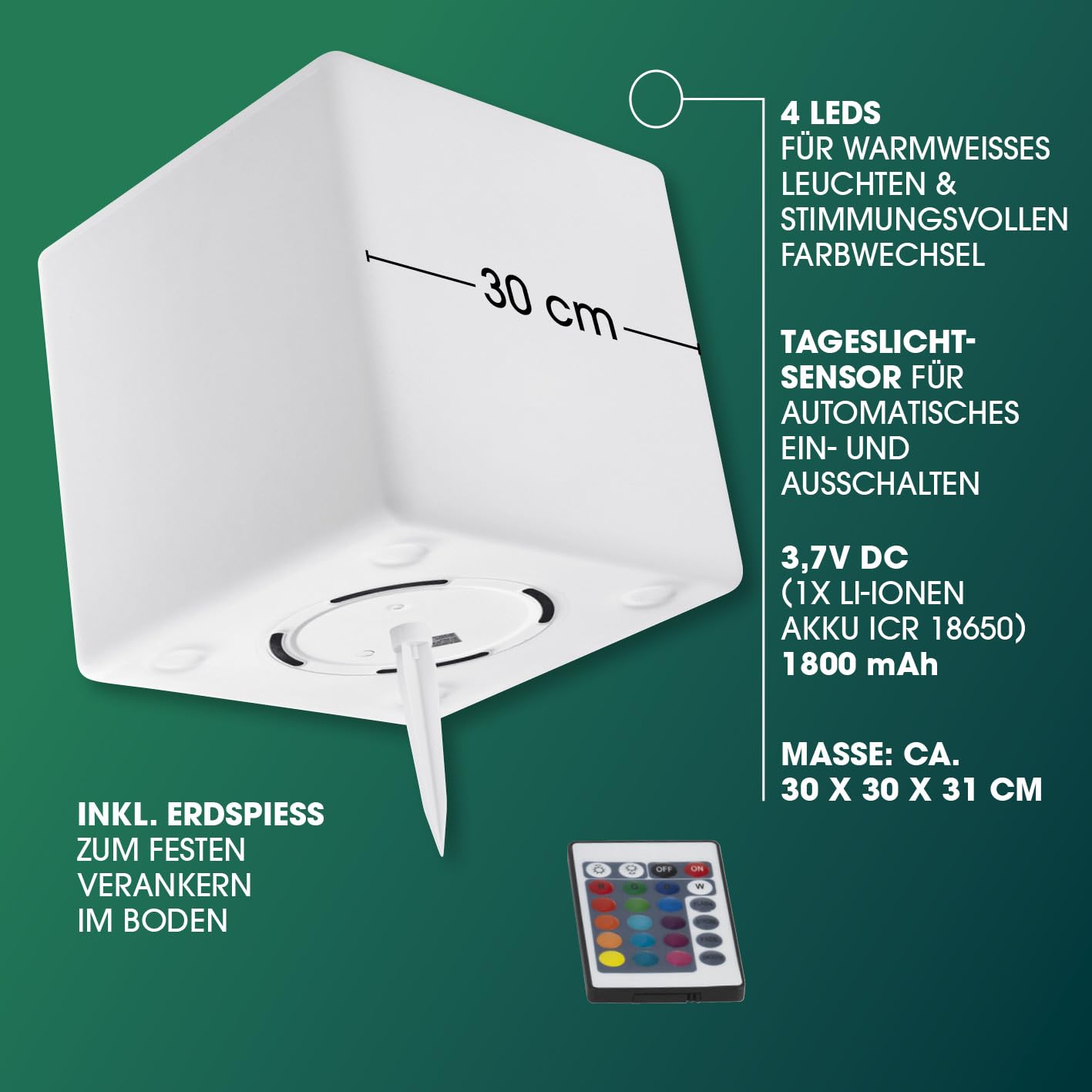 EASYmaxx LED Solarleuchte mit Fernbedienung | kaltweiße Leuchten mit Solarbetrieb & Farbwechsel | dimmbare Helligkeitsstufen, 12 Farben, 5 Leuchtmodi | inklusive Erdspieß & Dämmungssensor | Würfelform