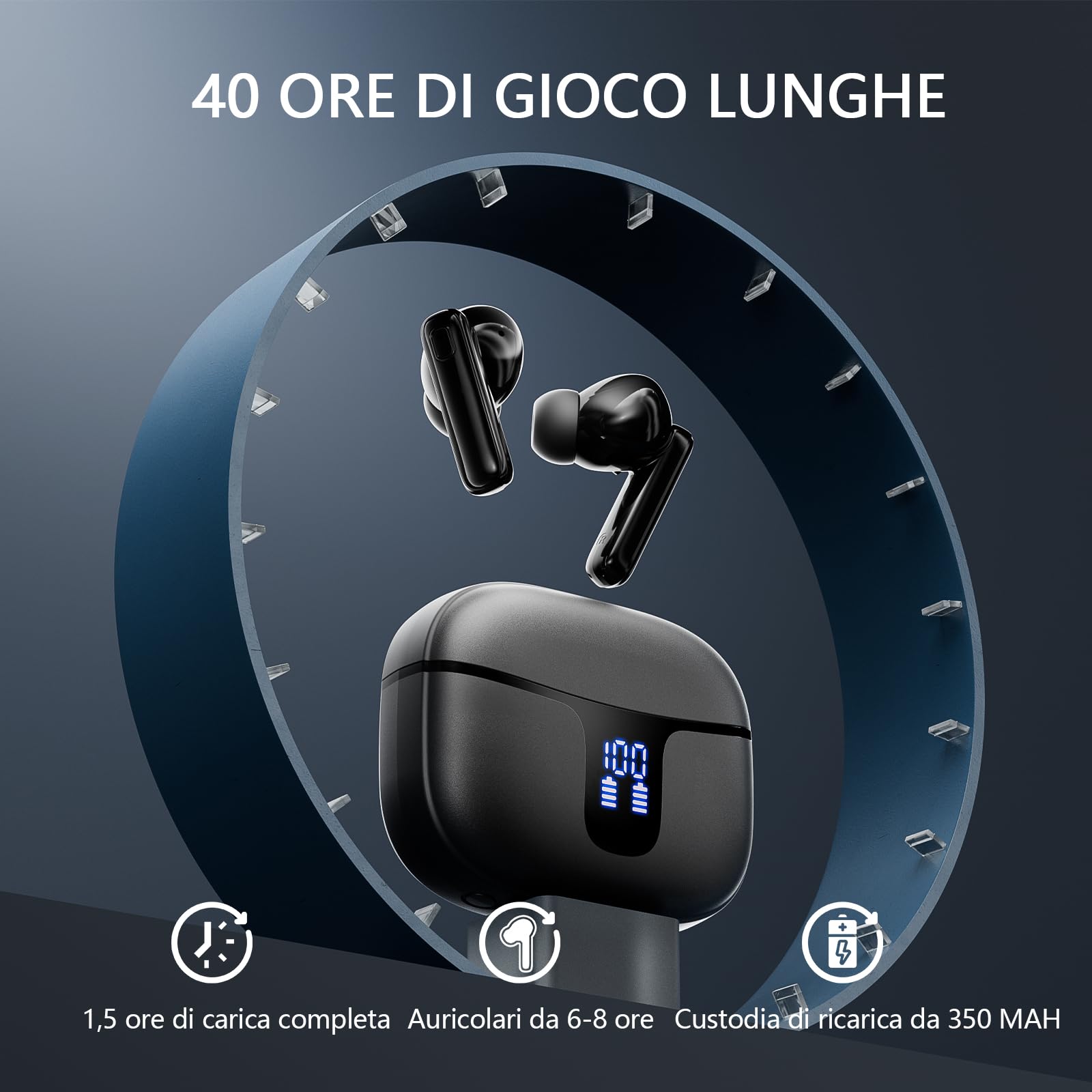 Cuffie Bluetooth 5.3 Stereo HiFi con 4 ENC Mic Cancellazione Rumore, Auricolari Wireless 40H LED Display, In Ear IP7 Impermeabili, USB-C Sport Nero - Vista 3