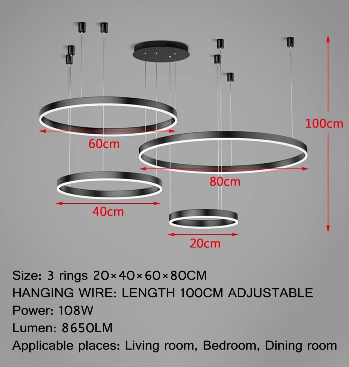 Moderna Lámpara Colgante LED 4 Anillos Instalación independiente 90W Negro colgante ajustable Lámpara de techo regulable Con Control Remoto Para Sala estar Dormitorio Comedor 20×40×60×80CM