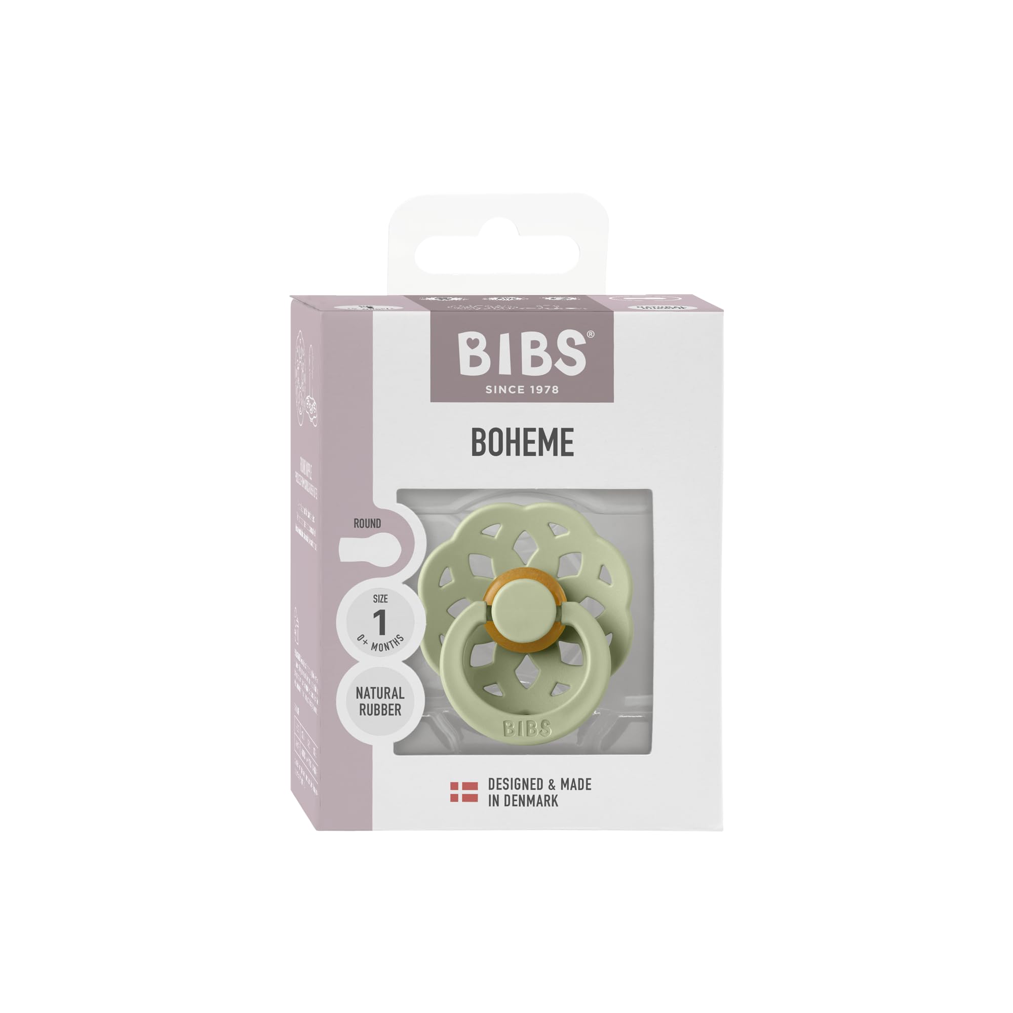 Bibs Boheme Natural Rubber Baby Pacifier - Round & Soft Nipple, Gentle Shield Prevents Skin Irritation & Moisture Buildup, 100% Food Grade, BPA Free Soother, 0-6 Months, Pack of 1, Sage 1