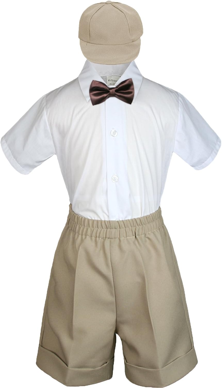 Baby Toddler Boy Wedding Party Suit Khaki Shorts Shirt Hat Bow Tie Set Sm-4T