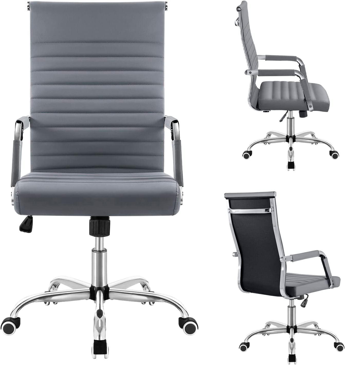 Shahoo Ribbed Office Chair, Mid-Back PU Leather Office Chair Executive Task Chair with 360° Swivel Wheels for Conference Room, Home Offices (Grey)