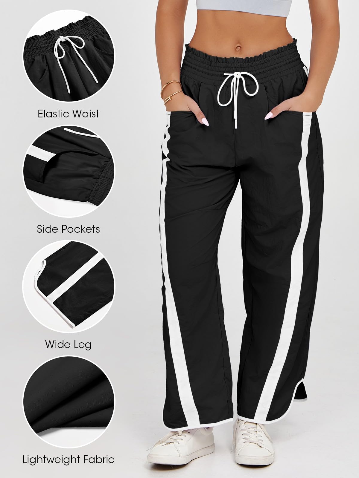 Fisoew Pantaloni da donna con gamba larga e vita elastica Baggy Y2K con coulisse, colori a contrasto, per il tempo libero, con tasche