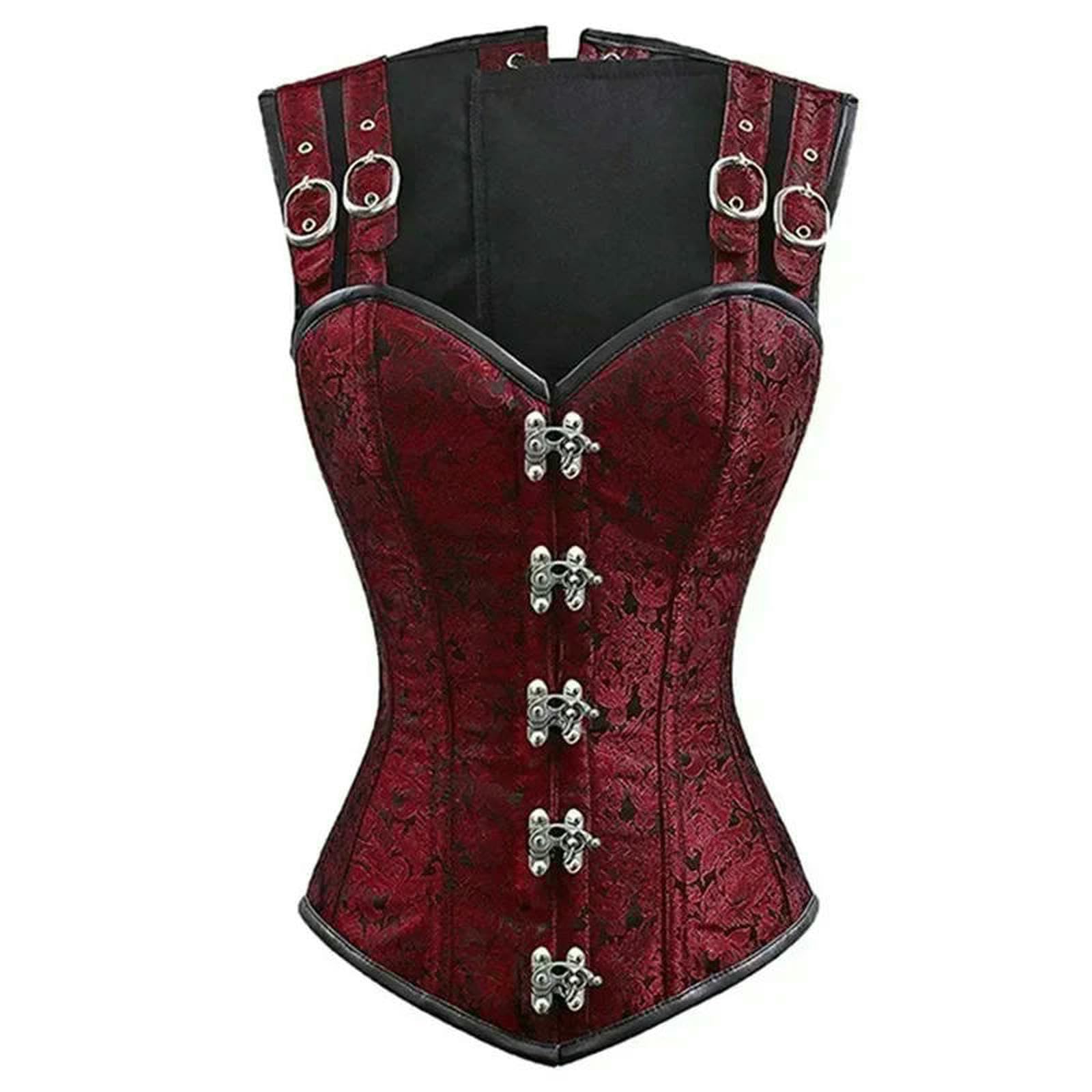 Ceinture amincissante Femme Donne Corsetto con Spalle Overbust Bustier Plus Size Jacquard Gotico Top Steampunk Gilet-Black-XL