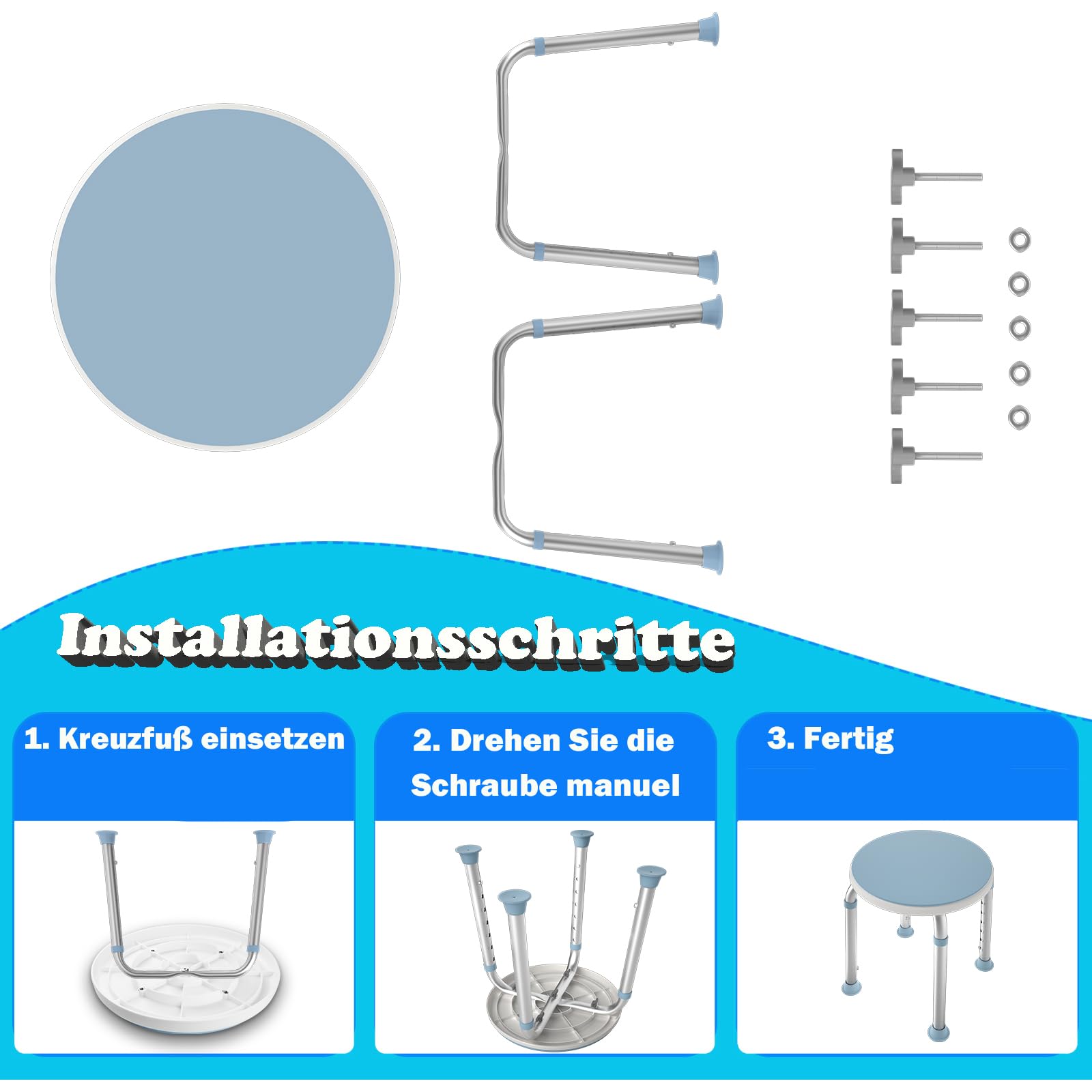 HENGMEI Taburete de Ducha Giratorio 360° para baño, Altura Regulable, para Ducha, Asiento de baño