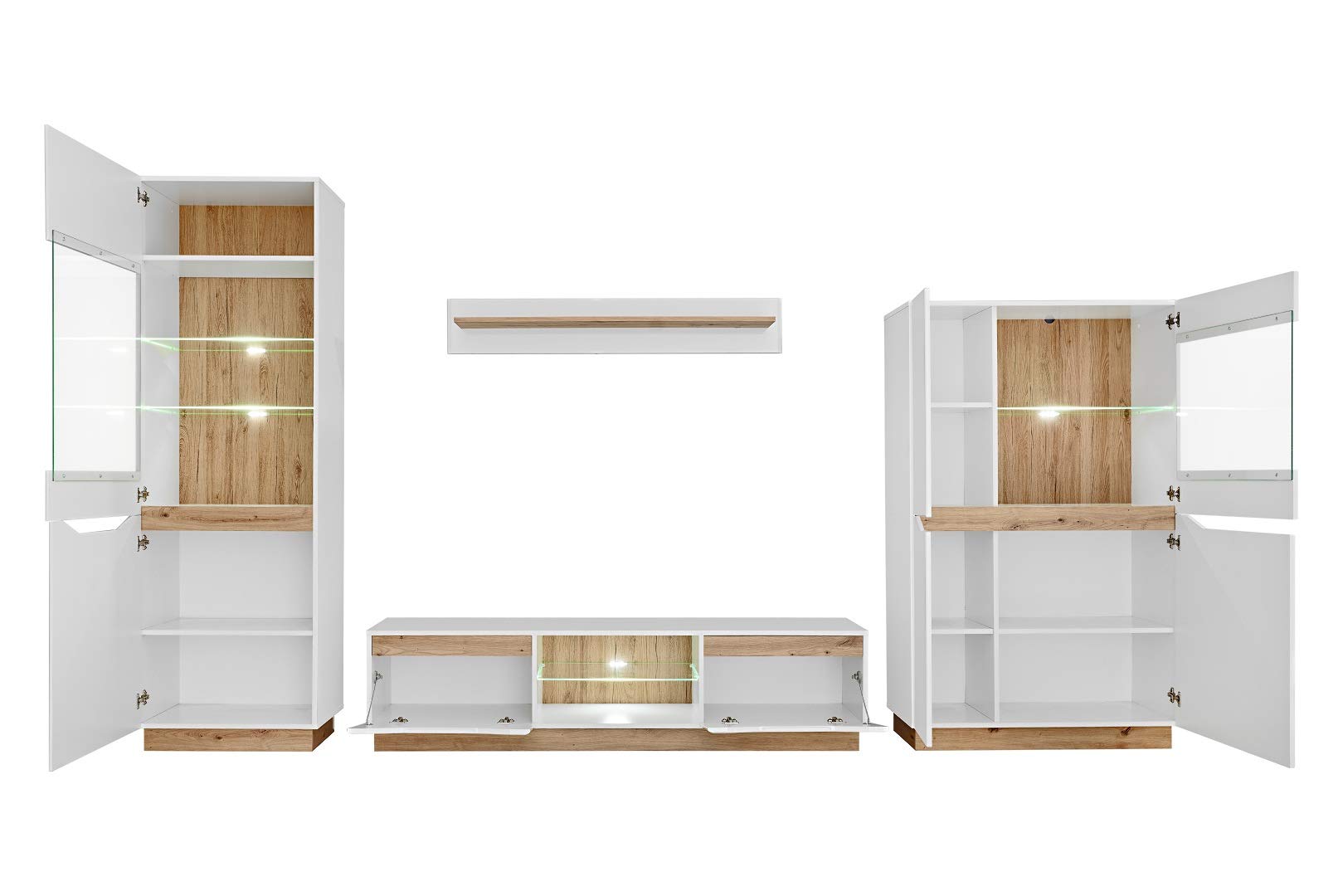 Generisch Wohnwand Fame Wohnzimmerset Wohnzimmer Wand Regal TV Wand Matt Hochglanz Vitrinenschrank Lowboard Wandregal mit LED (Weiss/Artisan Eiche)