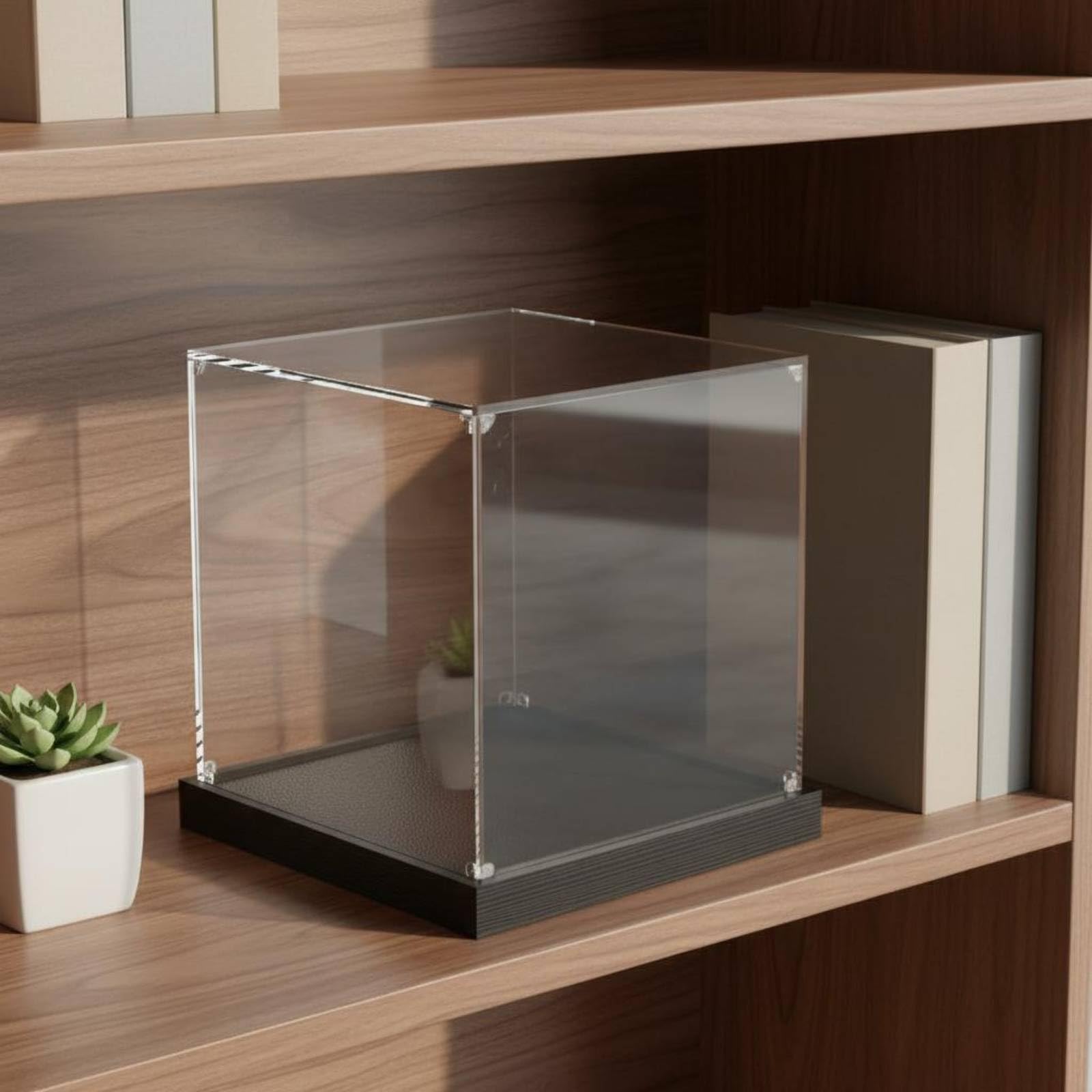 Caja Acrílica Transparente Alta Transparencia Cubierta Antipolvo Figuras Fácil Montaje Vitrina Expositora para Coleccionistas , 15x25x60 Cm Largo X Ancho X Alto , Base Negra