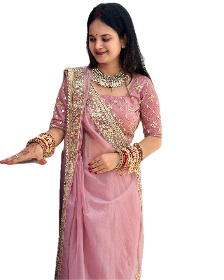 Women's Purple Pink And Silver Zari Tissue Silk Organza Jimmi Chu Net Mirror Worked Saree With Blouse (Maharani Onion 27 Fez2)-picture-17