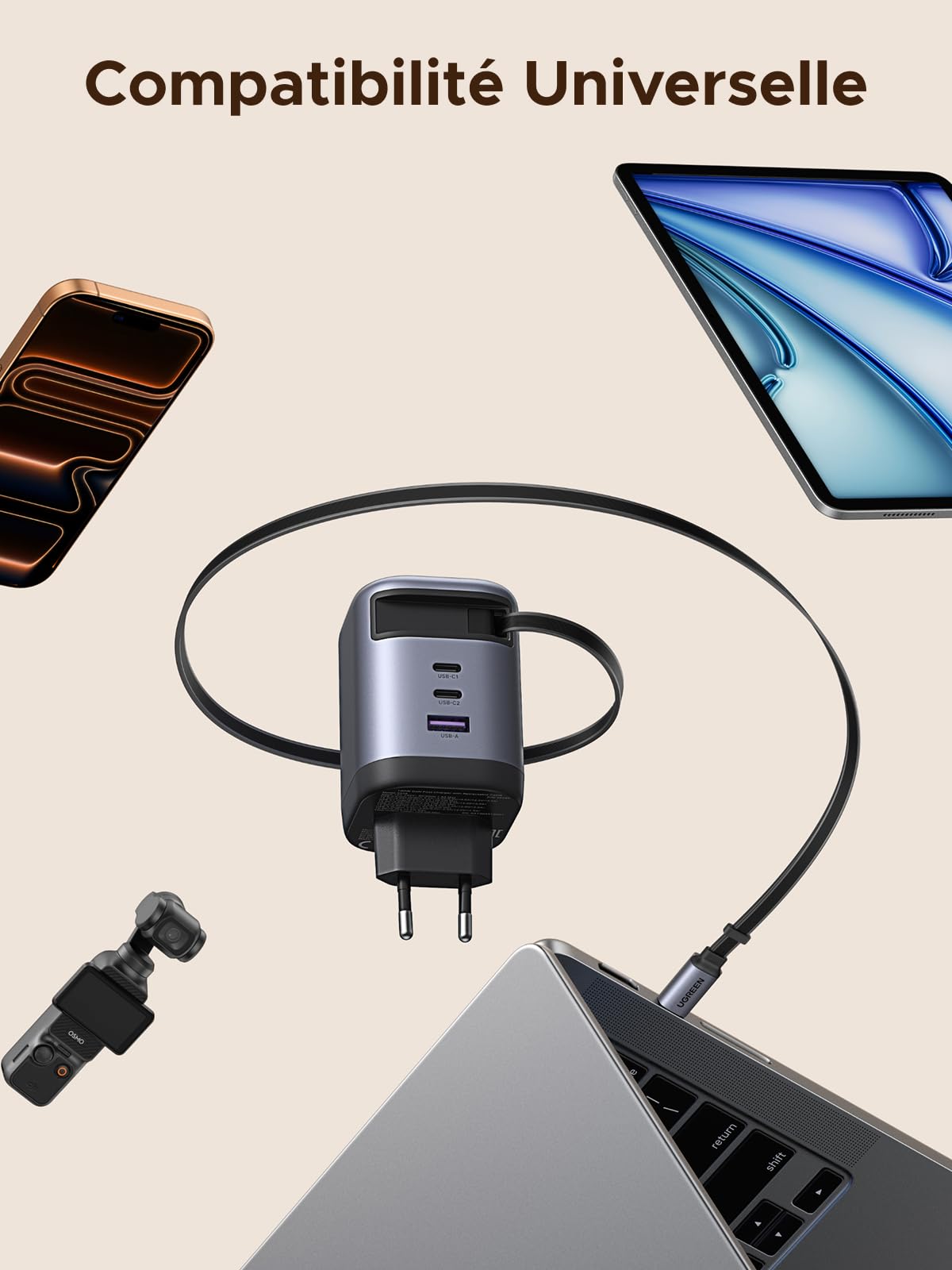 UGREEN Nexode 100W Chargeur USB C Rapide avec Câble Rétractable Intégré GaNInfinity Compatible avec MacBook Pro Air Neo iPad Mini iPhone 17 Pro Max Air 16 15 14 13 12 Galaxy S26 S25 S24 Pixel 10 9 8