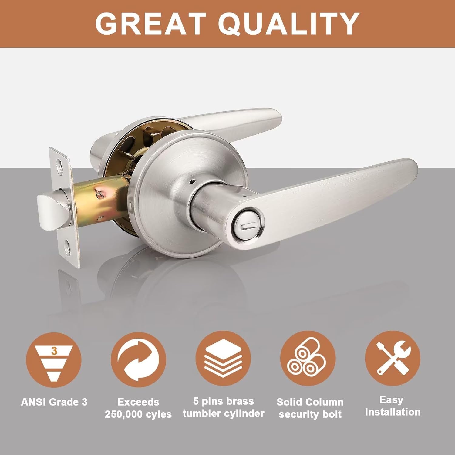 Probrico (6 Pack Privacy Door Lever Door Handle for Bedroom or Bathroom Keyless Leverset, Locked in Side Home/Office Door Lockset,Modern&Durable in Satin Nickel Door Hardware