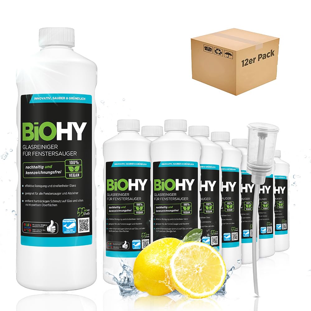 BiOHY Glasreiniger für Fenstersauger (12 x 1 Liter) + Dosierer | Fensterreiniger Konzentrat für alle Fenstersauger | Bio Reinigungsmittel sorgt für streifenfreien Glanz | Glasreiniger