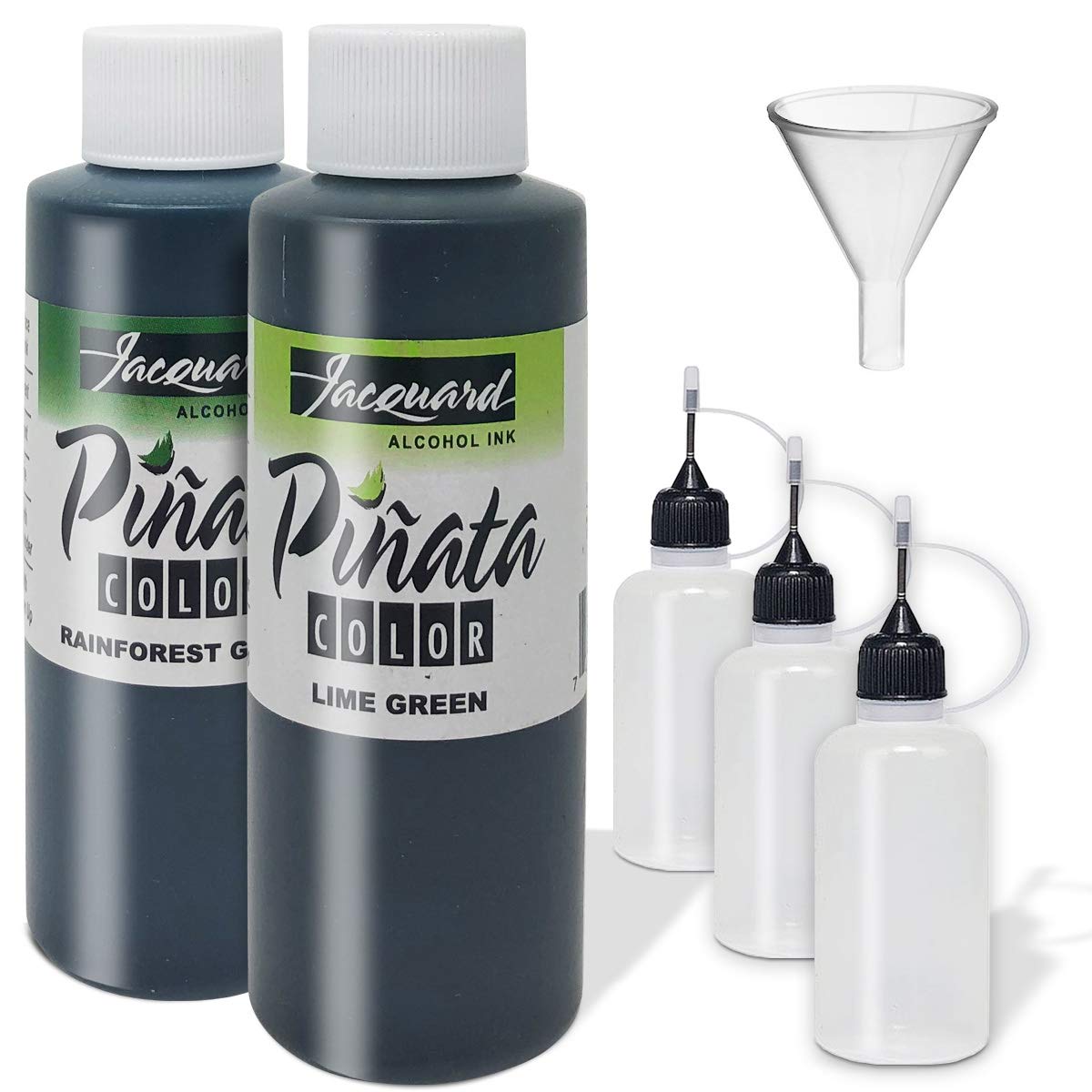 Jacquard Pinata Green Bundle - Rainforest Green and Lime Green Colors (4-Ounce Bottles), 3 Pixiss 20ml Needle Tip Applicator and Refill Bottles and 1.5 inch Funnel Bundle for Yupo and Resin