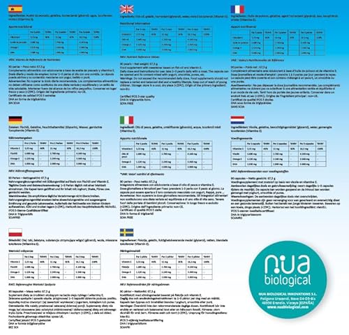 Nua Biological - NuaDHA 1000 in Kapseln, Nahrungsergänzungsmittel auf Basis von DHA (Docosahexaensäure) - Omega-3 aus Blauem Meeresfisch - 90 Kapseln in Triglycerid-Form (1000 mg DHA/Kapsel)