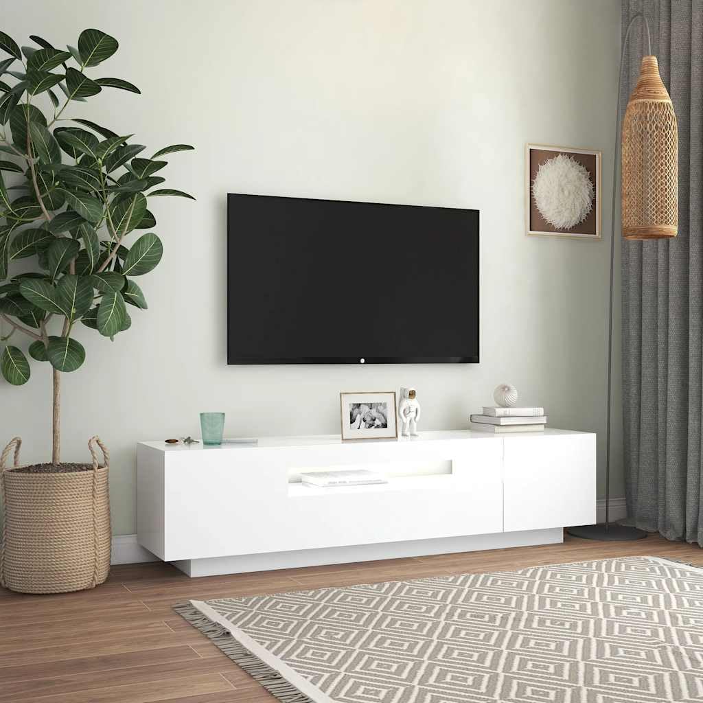 Szafka pod telewizor z oświetleniem LED, biała, 160 x 35 x 40 cm, nowoczesne wzornictwo, półki wiszące, do salonu, kina domowego, centrum mediów