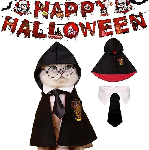 Capa de gato de Halloween con corbata para el cuello, disfraces de gato de Halloween, disfraces de perro pequeño, ropa de Halloween para mascotas,