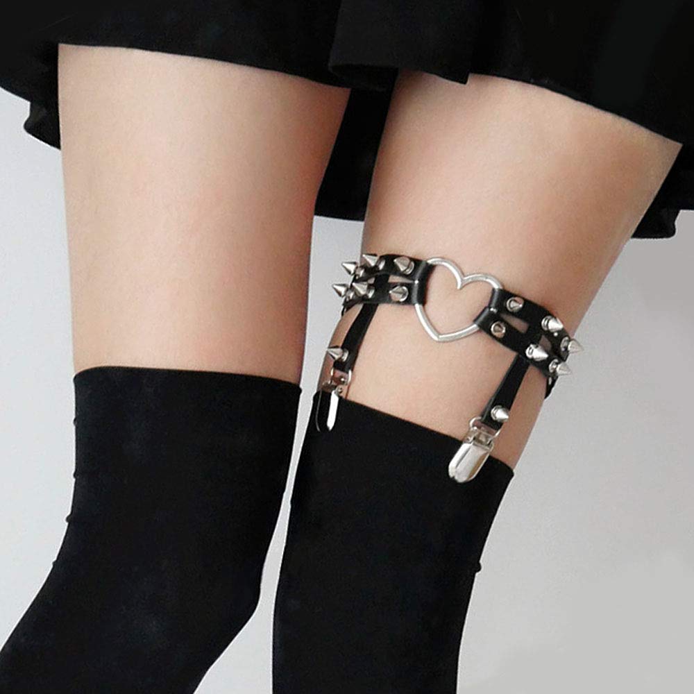 GARGALA Leather Thigh Garter Belt Goth Studded Leg Harness Suspenders for Women Plus Size 2 Pcs