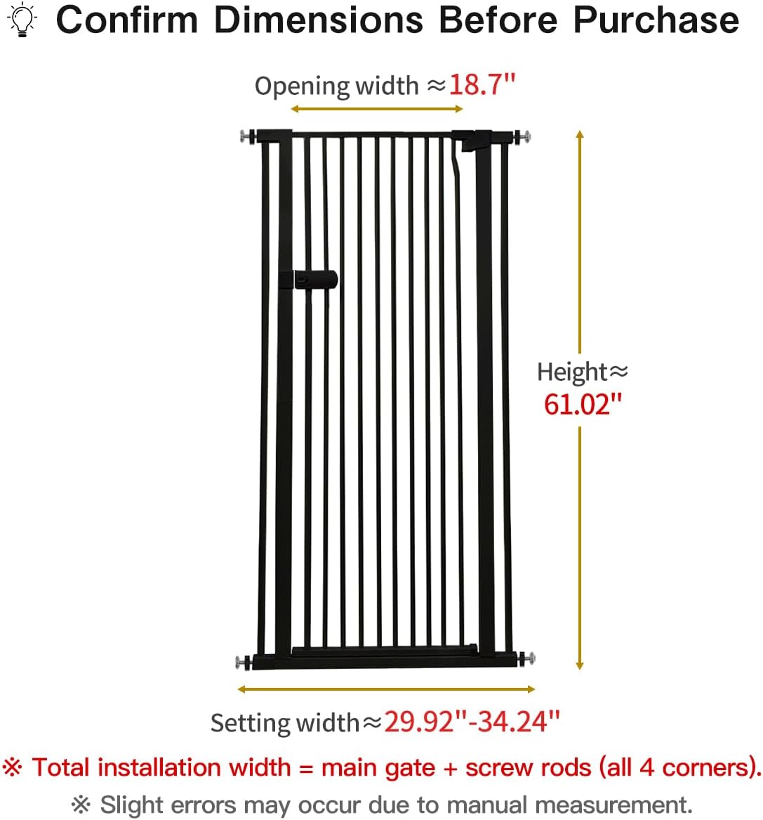 Lumizone Extra Tall Cat Gate 61.02" High Pressure Mounted Extra Wide 2025 New (17 Sizes) 1.37" Gap No Drilling Auto-Close One-Handed Operation Tall Pet Gate for Dogs(Black, 61.02" H x 29.92"-34.24" W) 61.02" H-black 29.92"-34.24" W