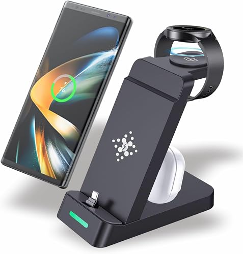 3 in 1 Charging Station for Samsung Multiple Devices, Fast Wireless Charging Dock Stand for Android Sumsung Galaxy Z Flip 4/3 Z Fold S23 S22 S20 Ultra Galaxy Watch 5/4/3 Galaxy Buds