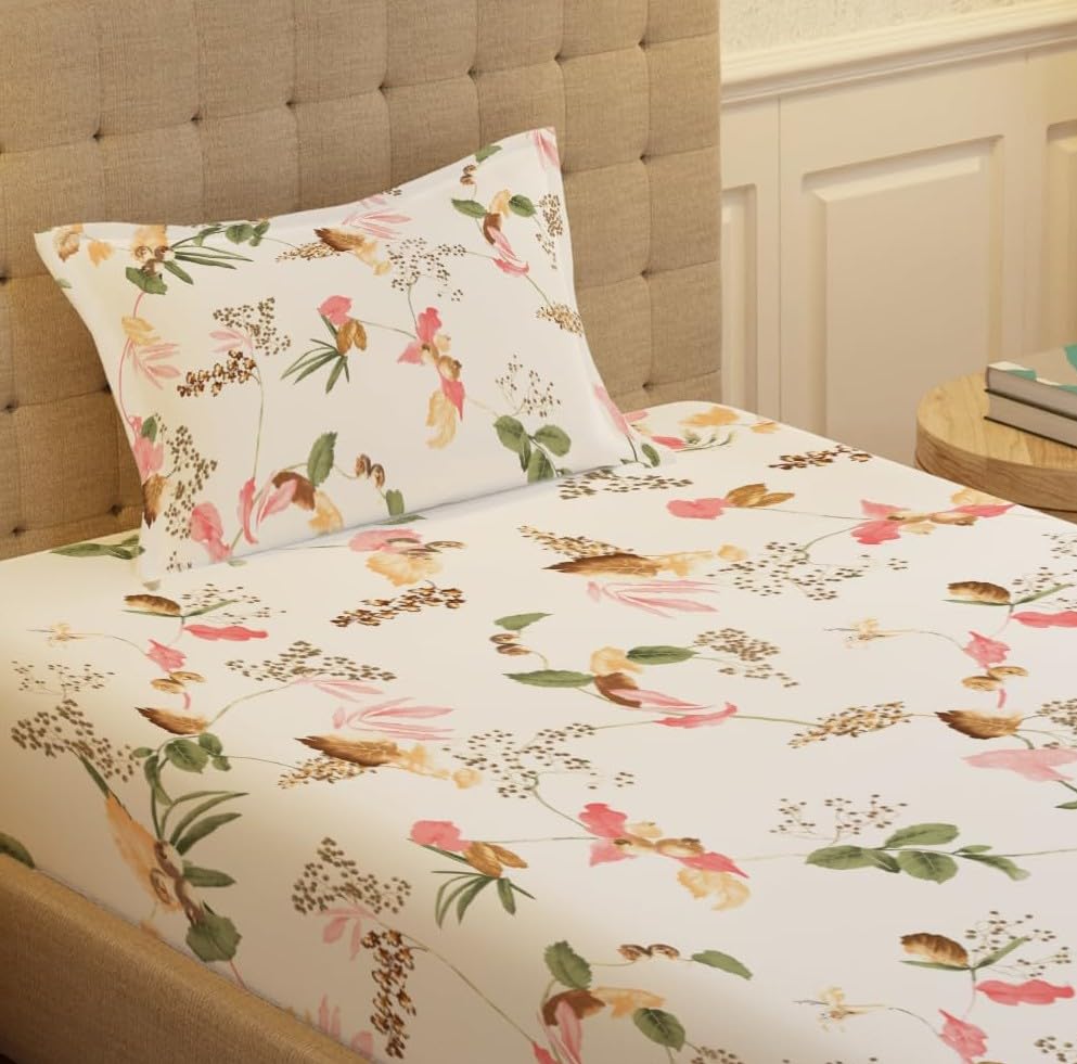 Image of Urban Space 100% Cotton bedsheet for Single Bed, 200 TC Single Bed Sheet, Cotton bedsheet with 1 Pillow Cover (58 x 90 inches, Cherry Blossom-Peach)