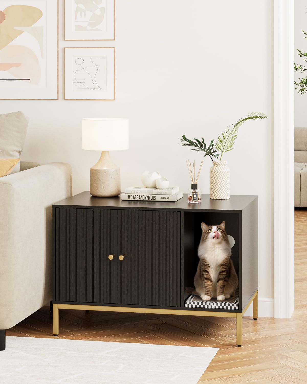 Cat Litter Box Enclosure, Modern Hidden Litter Box Furniture with Scratching Pad, Wooden Cat House Cabinet with Gold Metal Legs, Fit Most of Litter Box,Black and Gold - image 7