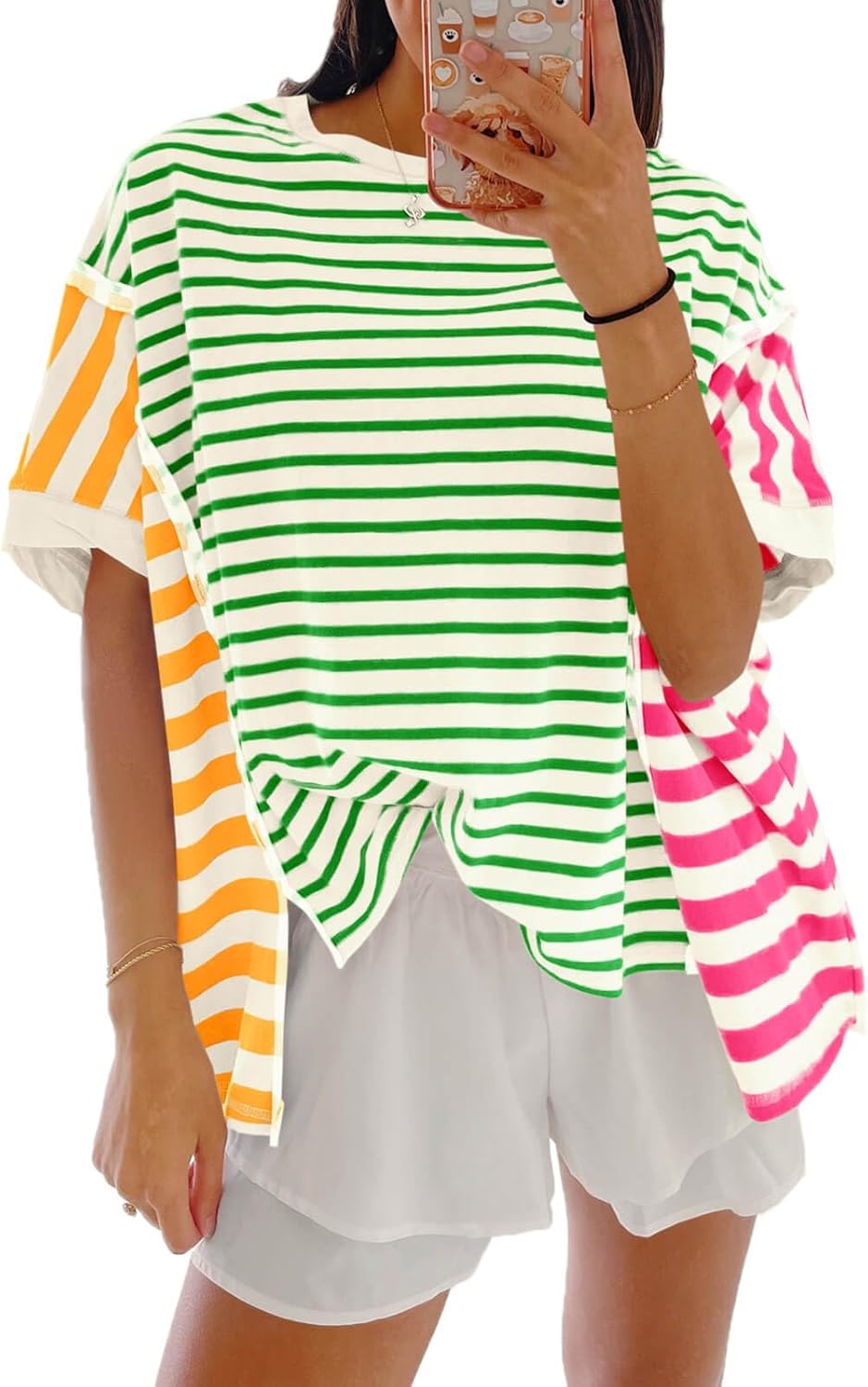 Tankaneo Womens Oversized Striped T-Shirts Color Block Short Sleeve Tee Tops Summer Casual High Low Hem Shirts