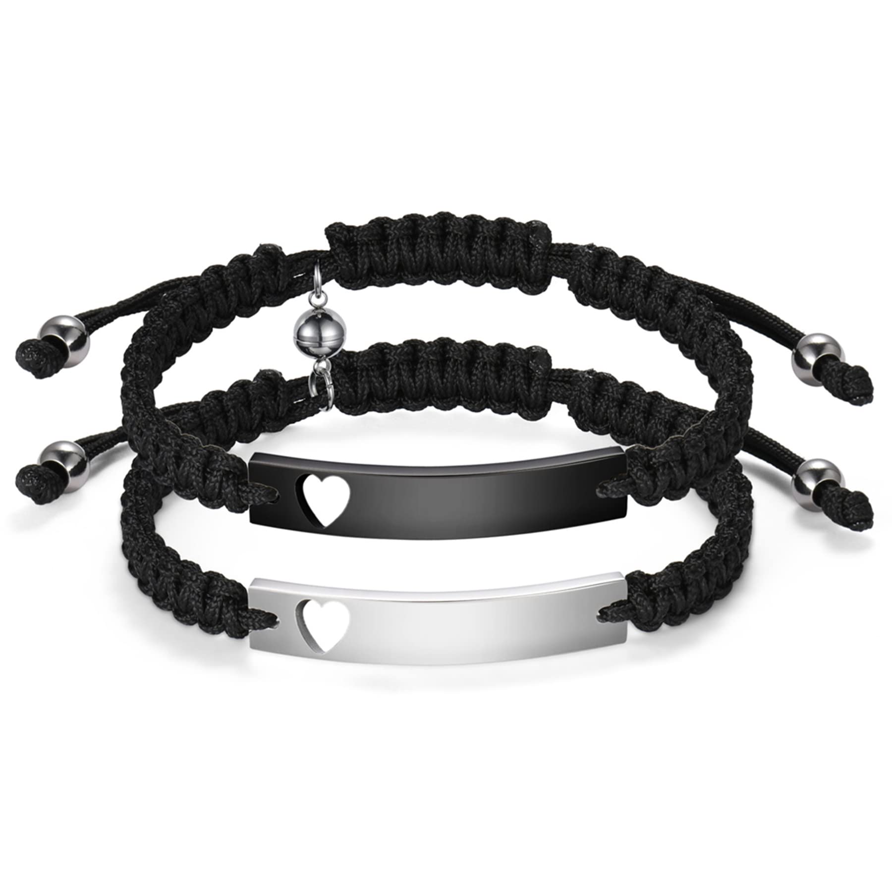 JewelryWe Schmuck Personalisierte Pärchen Armband Lederarmband mit Gravur Herz Magnet Kugel Edelstahl Leder geflochten Partnerarmband Freundschaftsarmband Paar Armreifen Verstellbar Schwarz Silber