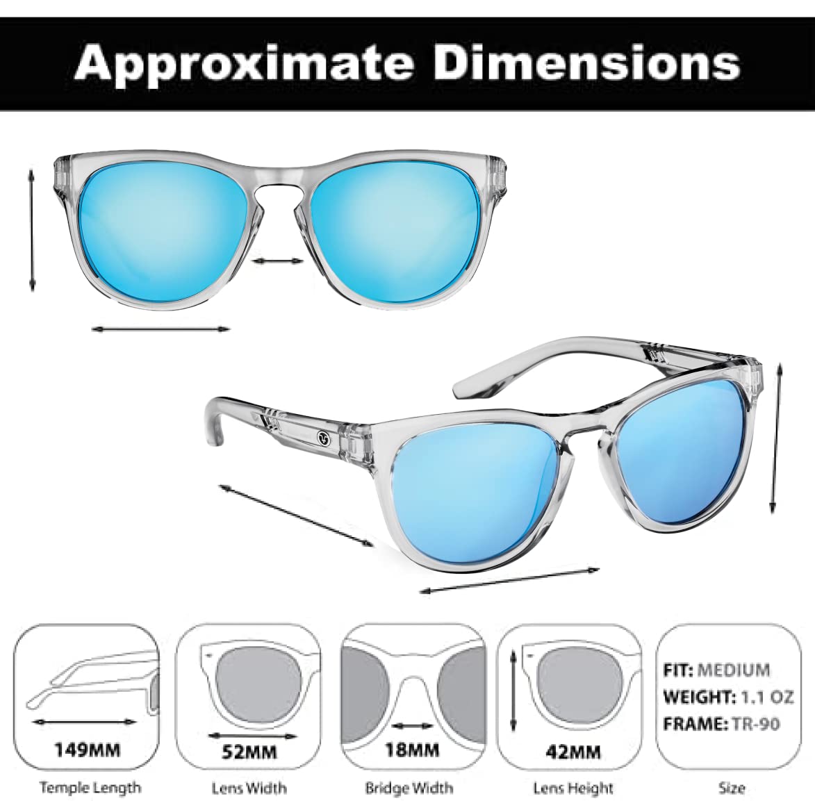 Flying Fisherman Breakers - Gafas de sol redondas polarizadas con marco de cristal/lente de espejo ahumado, gris/azul/azul, talla M, Gris-azul/azul, Medium