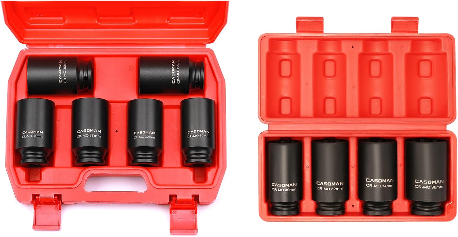CASOMAN 1/2- Inch Drive Deep Spindle Axle Nut Impact Socket Set,6 Point & CASOMAN 1/2-Inch Drive Deep Spindle Axle Nut Impact Socket Set,12 Point