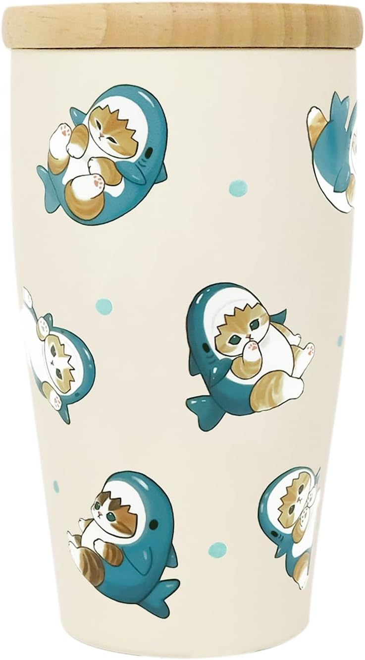 mofusand 53-2096 Double Vacuum Tumbler with Wooden Lid, 11.8 fl oz (350 ml) [Shark Nyan] Office, Work Desk Cup, Hot and Cold Insulated, Cute, Cat