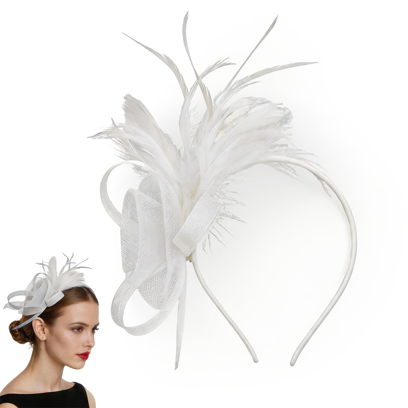 Chersun Women's White Fascinators For Elegant Net Fascinator Wedding Hat Clip, Vintage Lace Feather Fascinators For Weddings, Fascinator For Wedding Cocktail Evening Garden Tea Party (White)