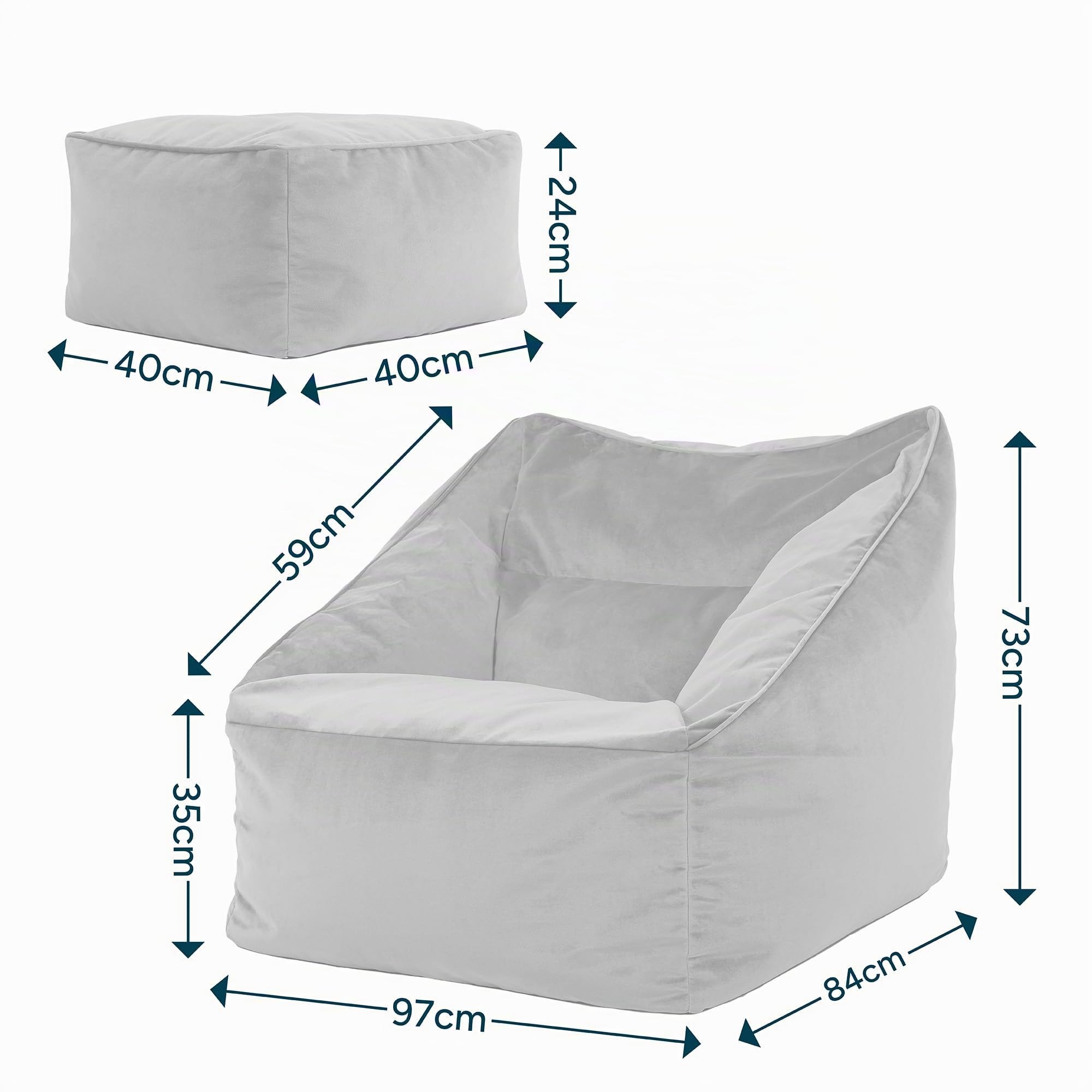 Icon Natalia Sitzsack Sessel mit Hocker für Erwachsene, Dunkelblau, Flauschiger Samtstoff, Riesen Sitzsack Samt mit Füllung, Bean Bag Chair, Bequemer Sessel Wohnzimmer, Lounge, Schlafzimmer, Büro