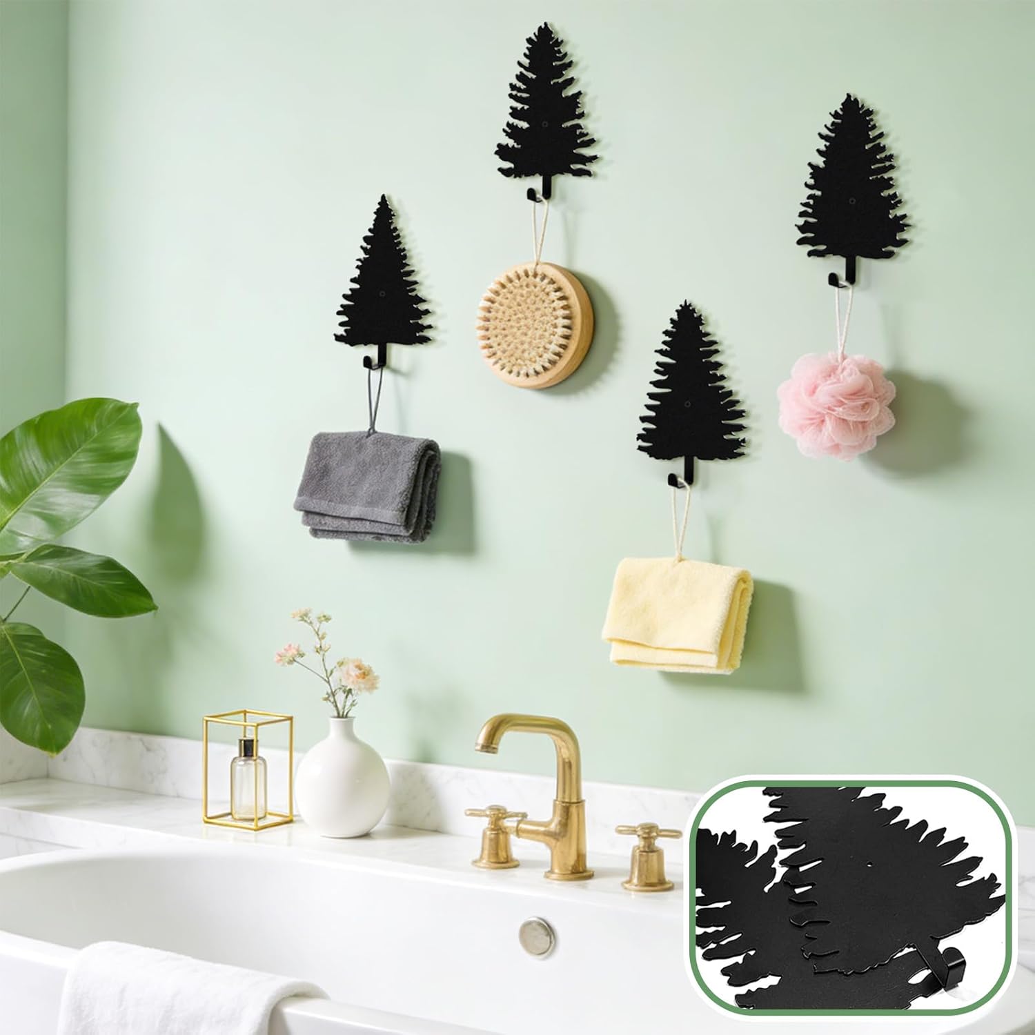 Pine Tree Coat Hooks Black Metal Tree Wall Mounted Hooks Clothes Key Backpack Wall Mount Rack Hanger Rustic Bathroom Decor Hanging Holder Towel Hat Hook for Living Room Bedroom Hallway