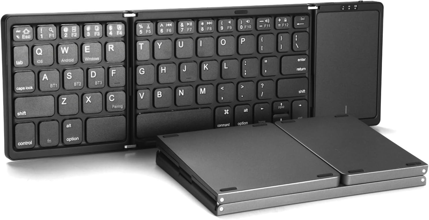 Tri-Fold Bluetooth Keyboard with Touchpad – Portable Rechargeable Wireless Keyboard for iPad,iPhone, Android & Windows – Full-Size Typing, Compact Travel Design, US Layout