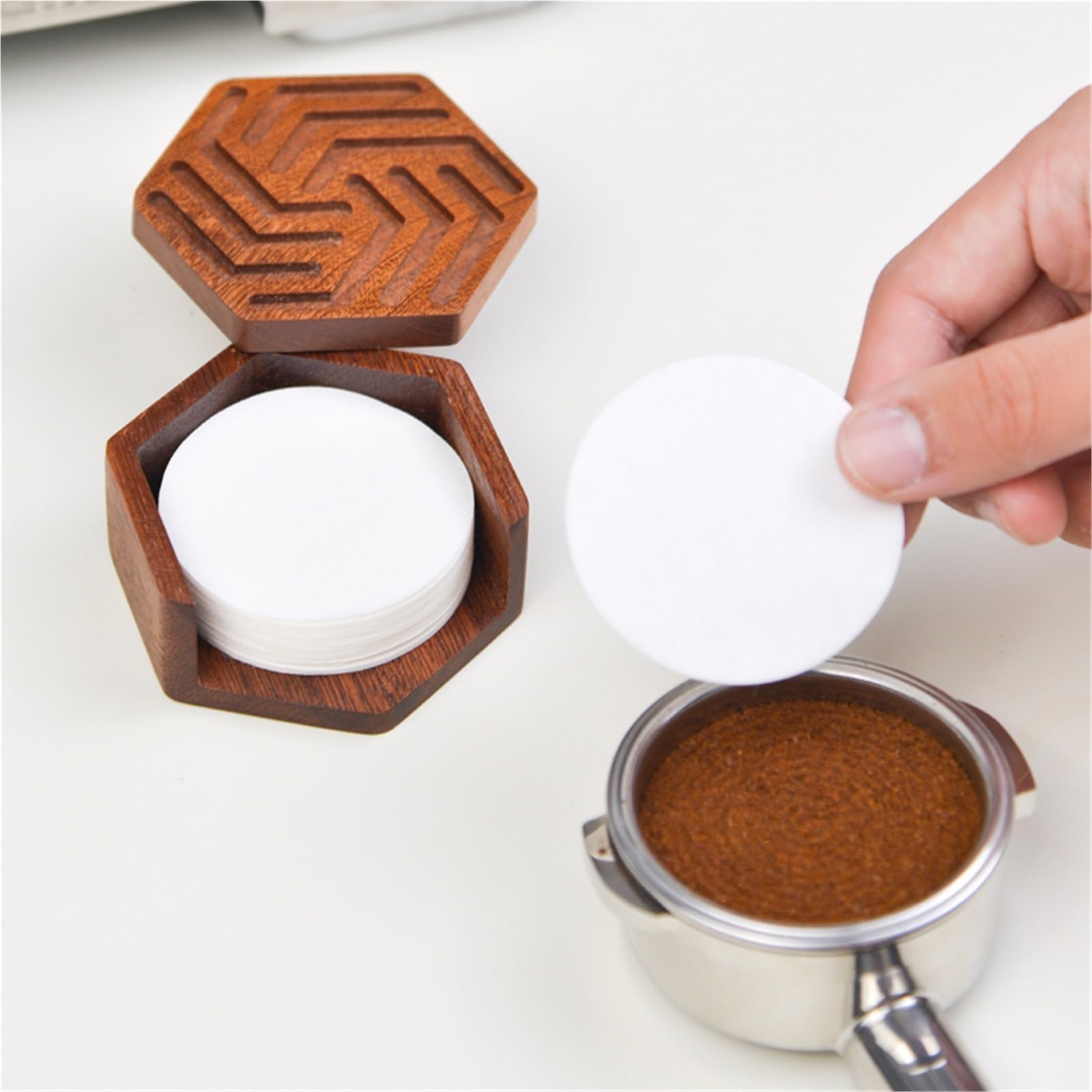 Kaffeefilter-Halter Holz Kaffee Filter Papier Lagerung Box Filter Halter 51mm 53mm 58mm 60mm Topf Filter Papier Massivholz Lagerung(Brown B)