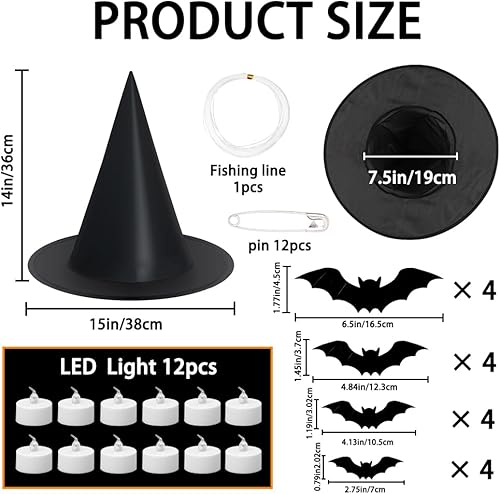 Miniatura 2 de YUJUN 24 sombreros de bruja colgantes de Halloween, sombreros de bruja negros iluminados con murciélagos 3D, decoración para interiores y
