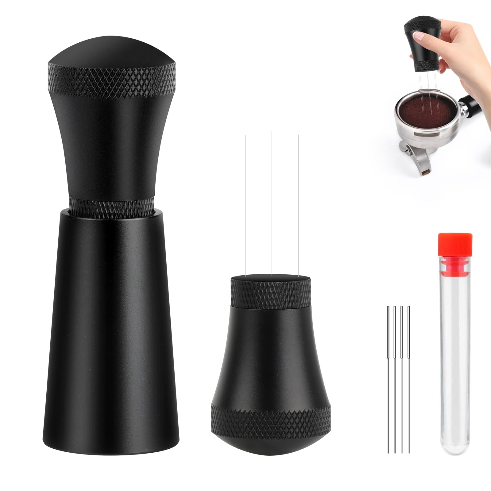 KEWUZY Wdt Tool, Espresso Coffee Distributor, Aluminium Espresso Kaffeerührer für Barista mit Ständer mit 7 0.3mm Dickem Edelstahl, KFBFZ
