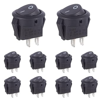 VEXUNGA On Off Round Rocker Switch 2 Pin Circle Switches Square 3A 250V 6A 125V AC 15MM Black Round Toggle Switch for RV Car Truck Boat Pack of 10pcs