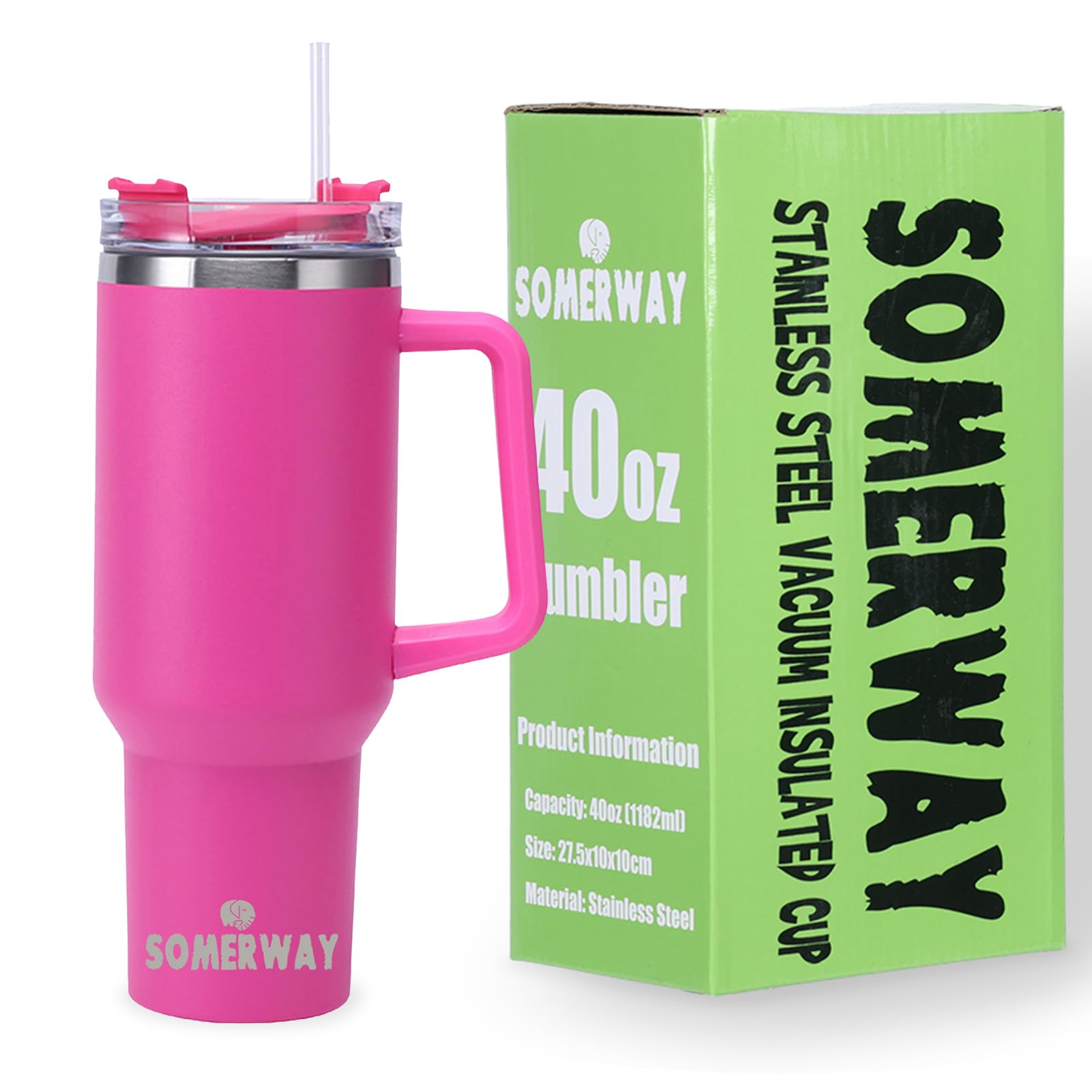 Somerway1182ml Travel Mug 40oz Tumbler with Straw and Lid, Stainless Steel Double Wall Vacuum Insulated Coffee Mug for Hot and Cold Coffee, Travel Mug with Handle, Coffee Mug for On The Go Rose Red