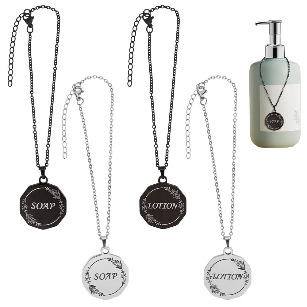OLYCRAFT 4Pcs 2 Colors Soap Lotion Dispenser Tags Soap Lotion Dispenser Chain Labels Double-sided Label Tags Charms Hanging Label Tag with Chain for Bathroom Dispensers Kitchen Mason Jar