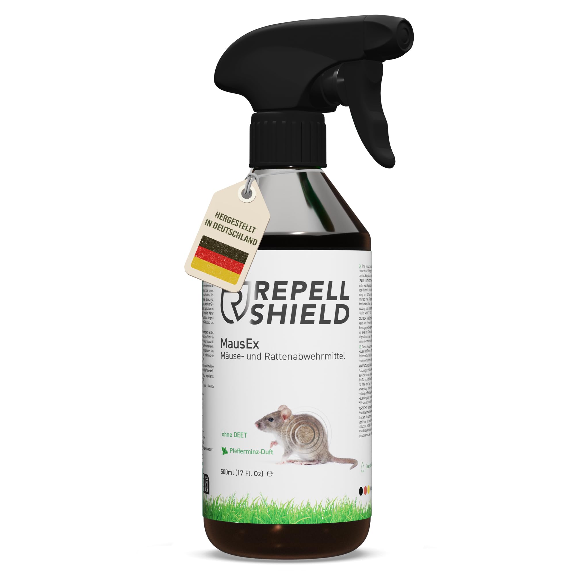 RepellShield® Rattenabwehr & Mäuseabwehr Spray -500ml- Mäuse Abwehrmittel zum Mäuse vertreiben - hält Ratten & Nagetiere fern, Nicht färbend, Pfefferminzöl Duft