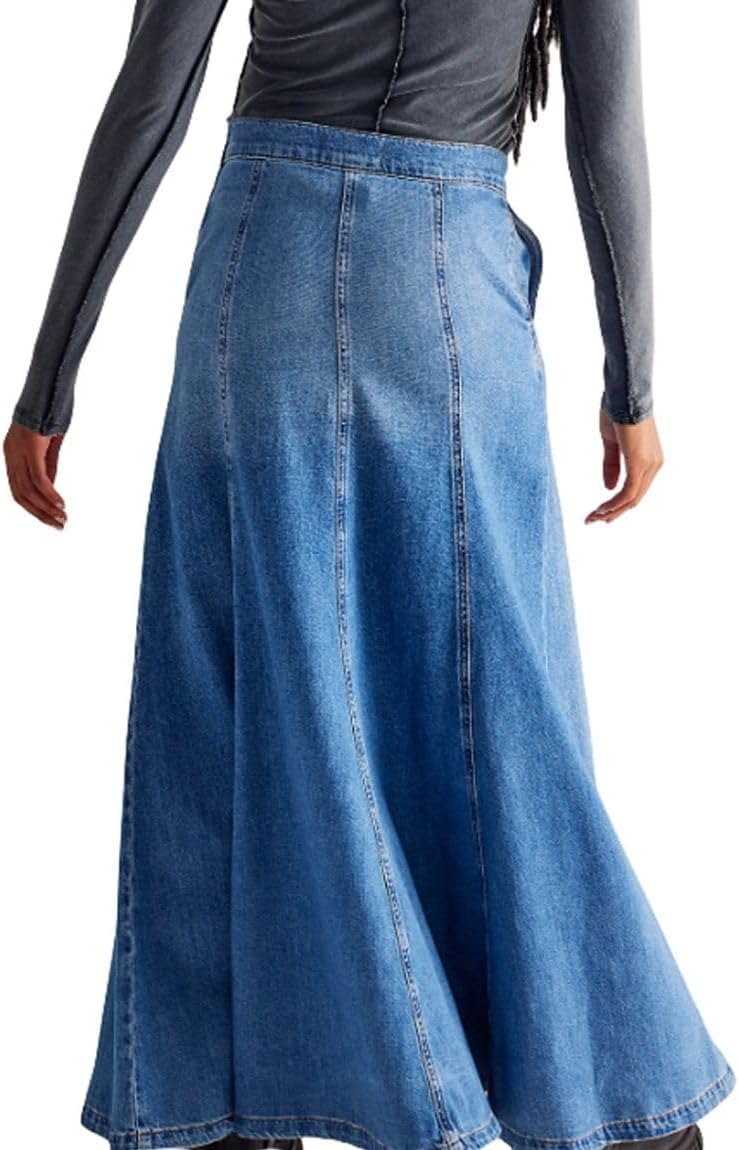 Women's Denim Long Skirt High Waist Floor Length Flare A Line Maxi Jean Skirts with Pockets - Image 2
