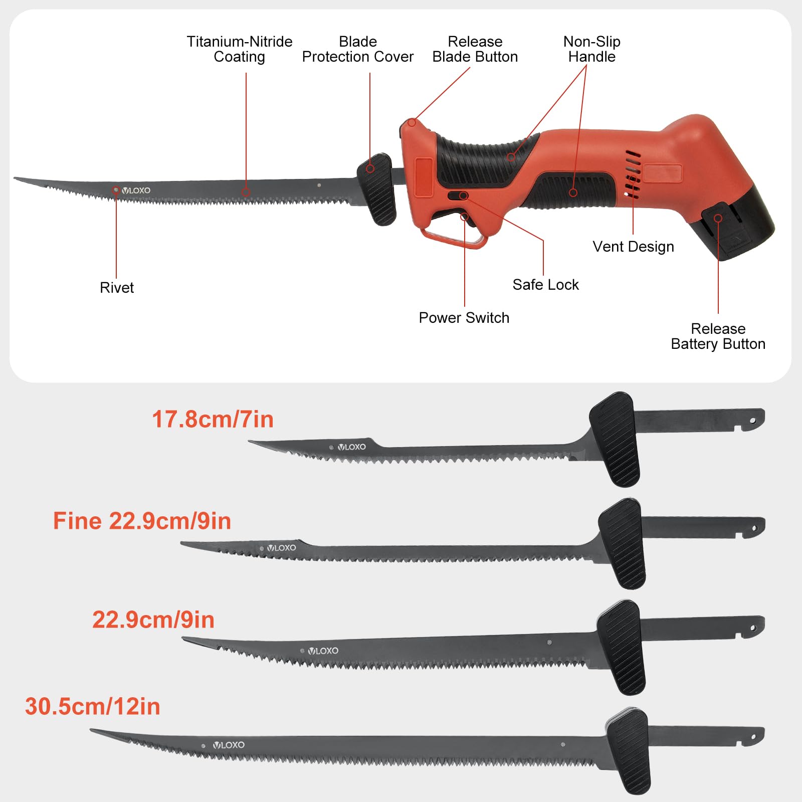 VLOXO Coltello elettrico da Cucina, Coltello per Carne ricaricabile con 4 lame doppie in acciaio inox Electric Knife per alimenti surgelati Carne Interruttore di Sicurezza senza fili Lame Estraibili