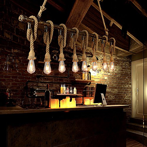 Industriële hennep touw hanglamp 59''W opknoping lamp kroonluchter plafondverlichting armatuur met roestleiding Gebruik… - Afbeelding 6