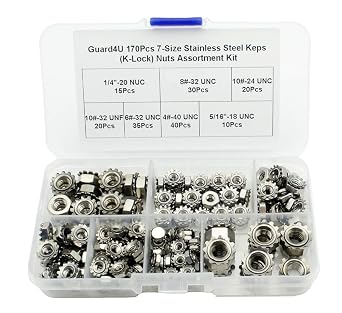 170Pcs 7-Size Stainless Steel Keps K-Lock Nuts Assortment Kit; #4-40#6-32#8-32#10-32#10-24 1/4"-20 5/16"-18