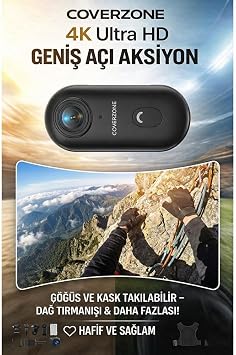 Coverzone Göğüse Takılabilir Mıknatıslı Kolyeli 1080P Mini Geniş Açı Aksiyon Kamera | Hafif ve Kompakt Tasarım | Spor, Koşu, Outdoor, Günlük Kullanım İçin POV Kayıt Kamerası- Kask Kamera (SİYAH)