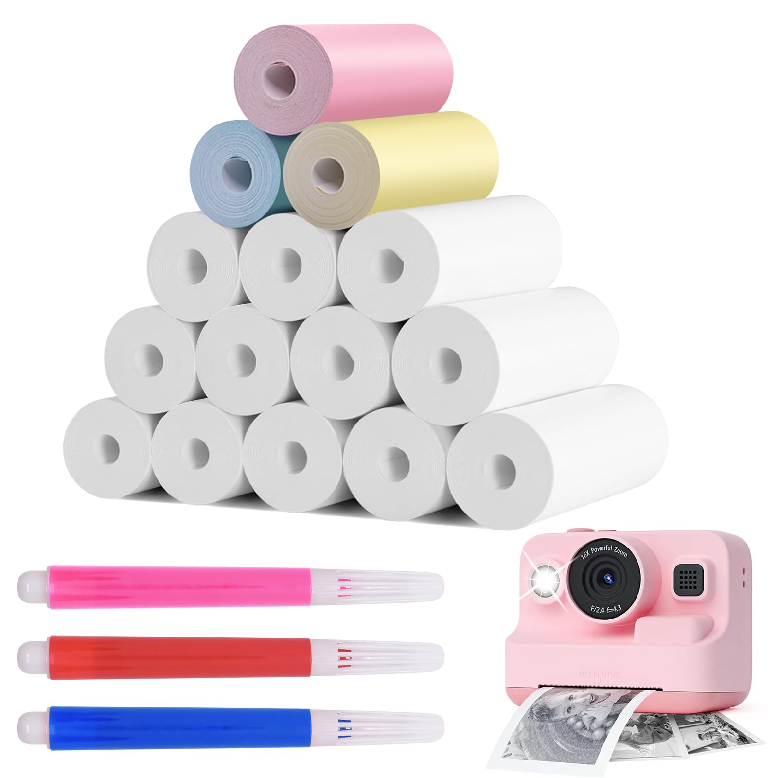 Furuising 15 Rolls Thermal Printer Paper for Instant Print Camera 12 White and 3 Colourful Camera Paper Roll